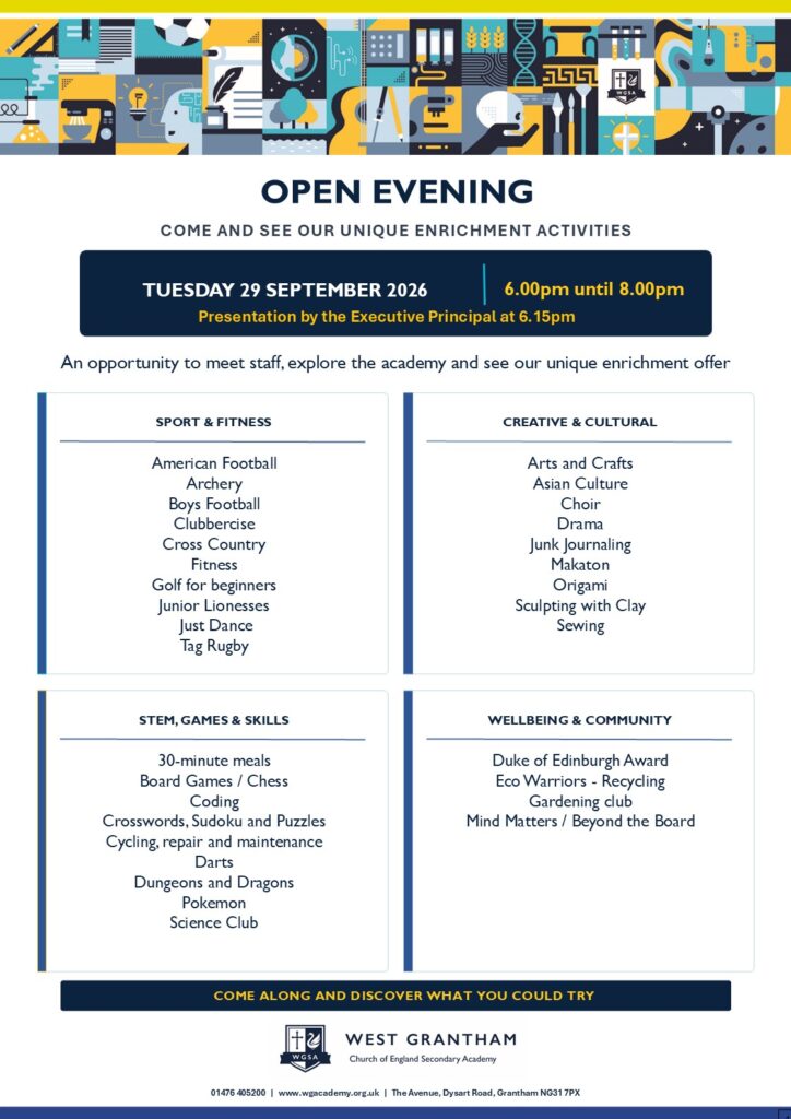 Open Evening Enrichment Poster WGA Colours